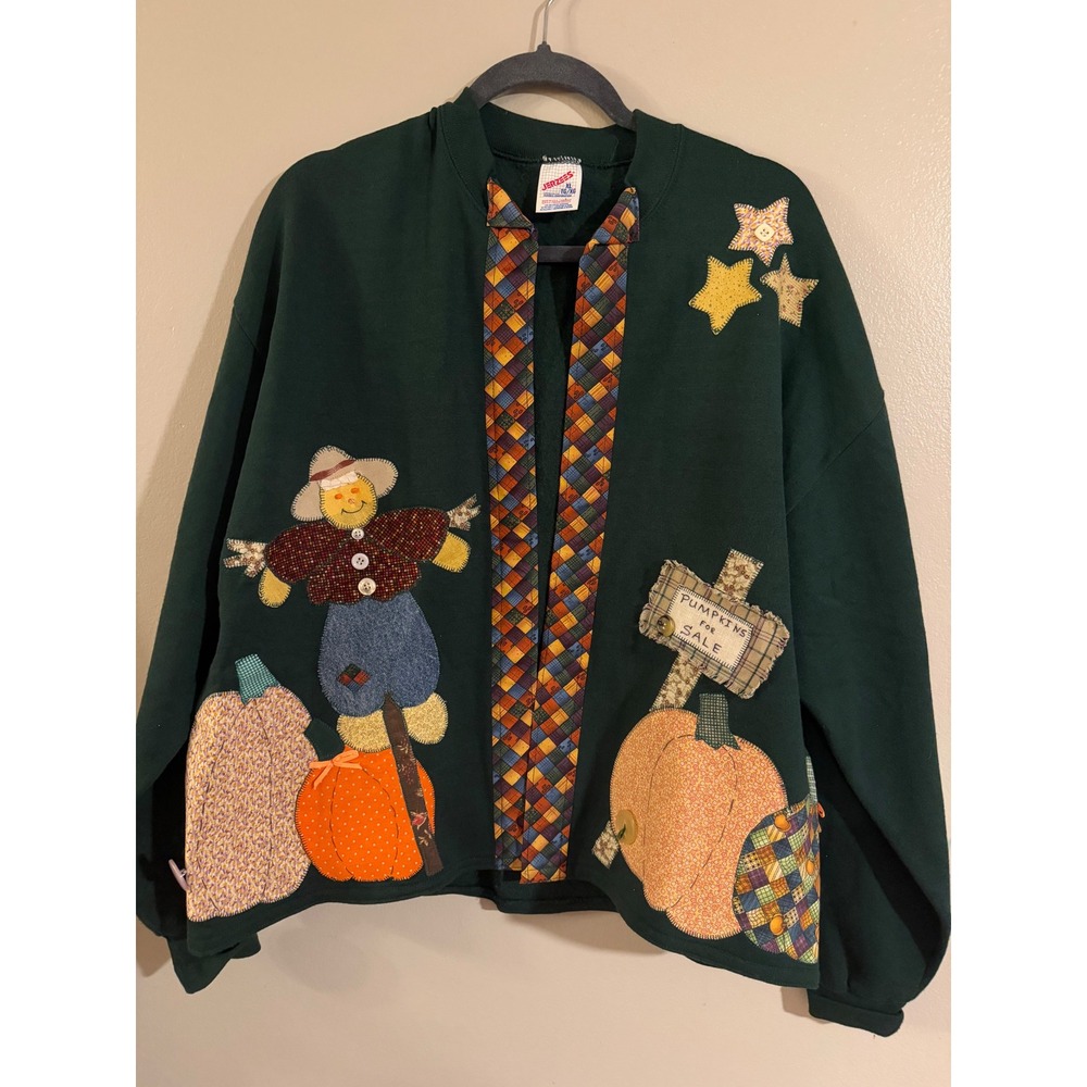 Vintage Jerzees Pumpkin Scarecrow Patchwork Cardi… - image 6